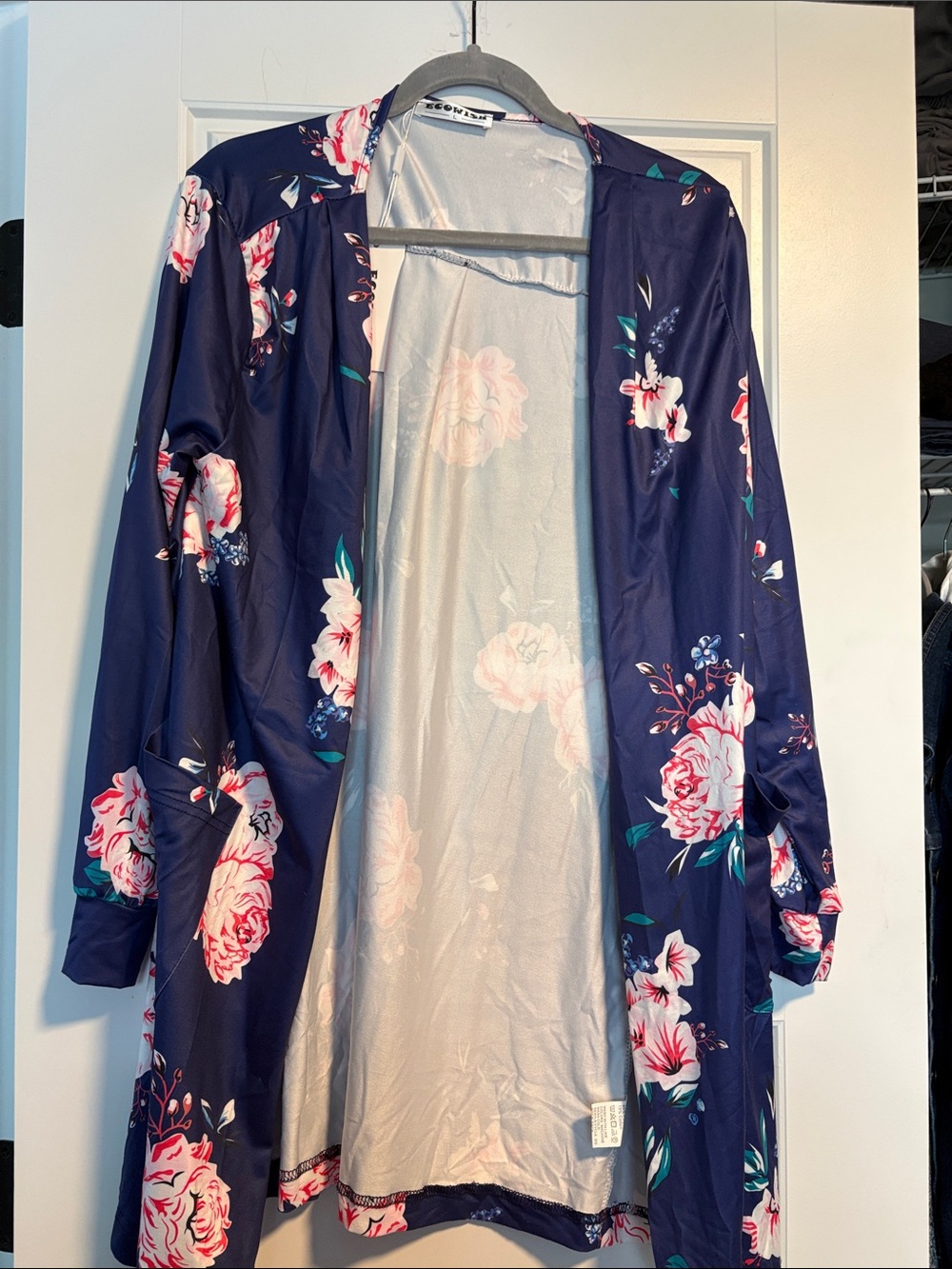 Navy Floral Satin Tunic Robe with Pink Blooms